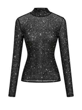 Black Sheer Shimmer Star Mesh Top, M Long Sleeve Metallic Layering Festival Y2K